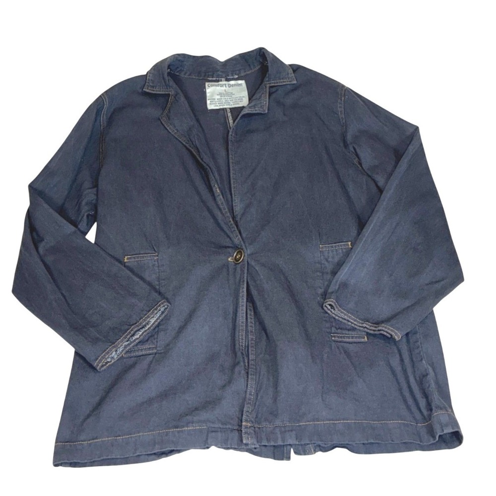 Comfort Denim Navy Blue Blazer - Large - Cotton Single Button Pockets Minimalist